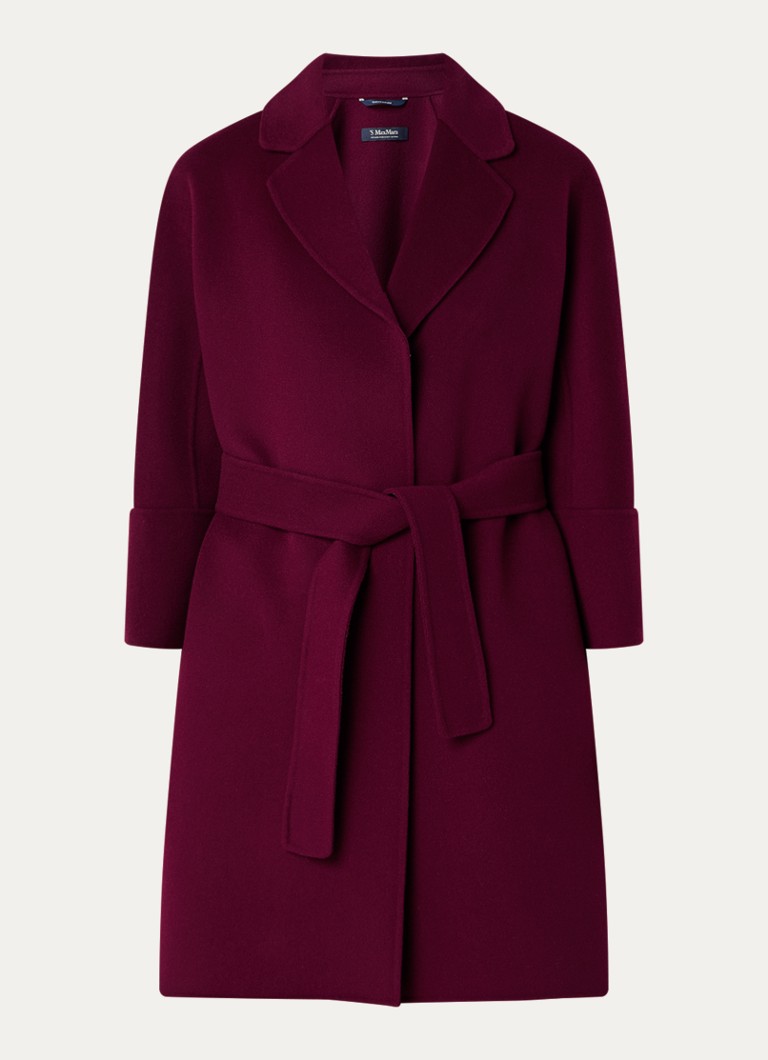 MaxMara Dames Arona mantel van scheerwol met steekzakken en strikceintuur in de kleur Bordeauxrood