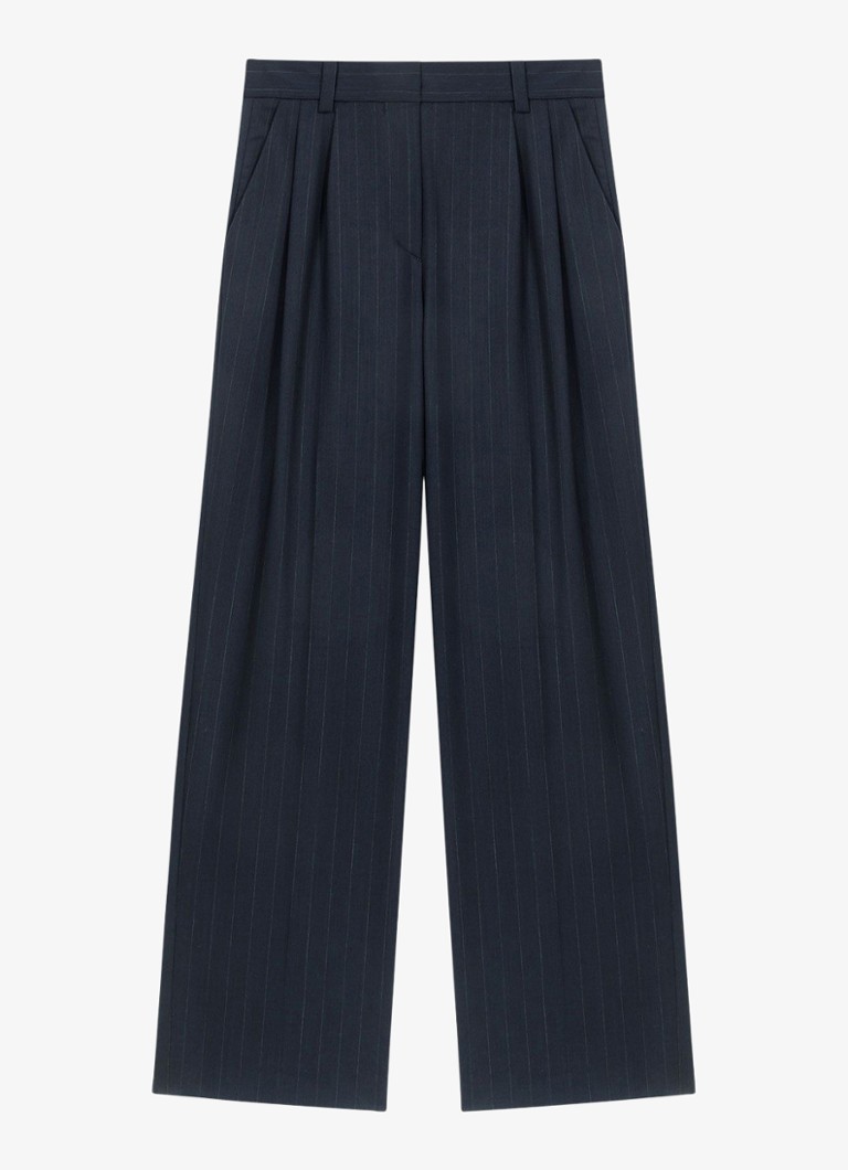 Maje Dames Wide fit pantalon in wolblend met krijtstreep in de kleur Donkerblauw