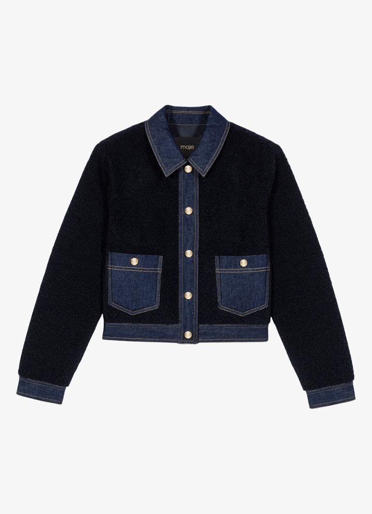 Maje Dames Jack van bouclé met details van denim in de kleur Donkerblauw