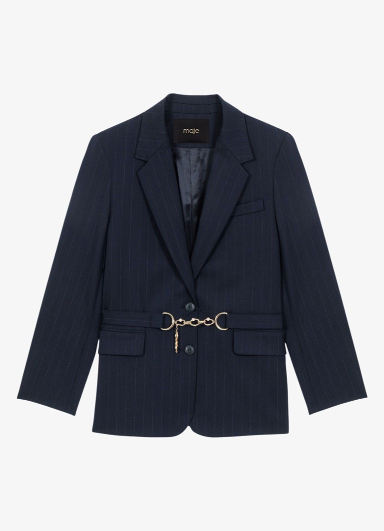 Maje Dames Single-breasted blazer in wolblend met streepprint en klepzakken in de kleur Donkerblauw