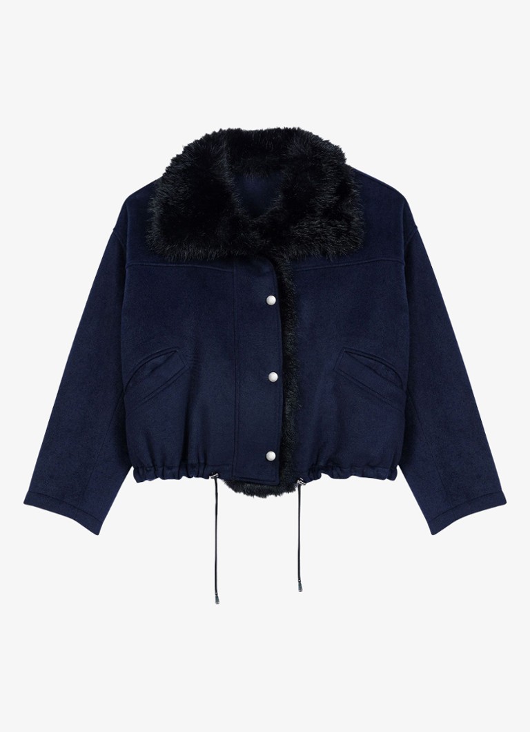 Maje Dames Jack in wolblend met details van imitatiebont en steekzakken in de kleur Donkerblauw