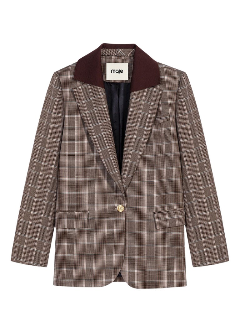 Maje Dames Blazer in scheerwolblend met ruitdessin en klepzakken in de kleur Bruin
