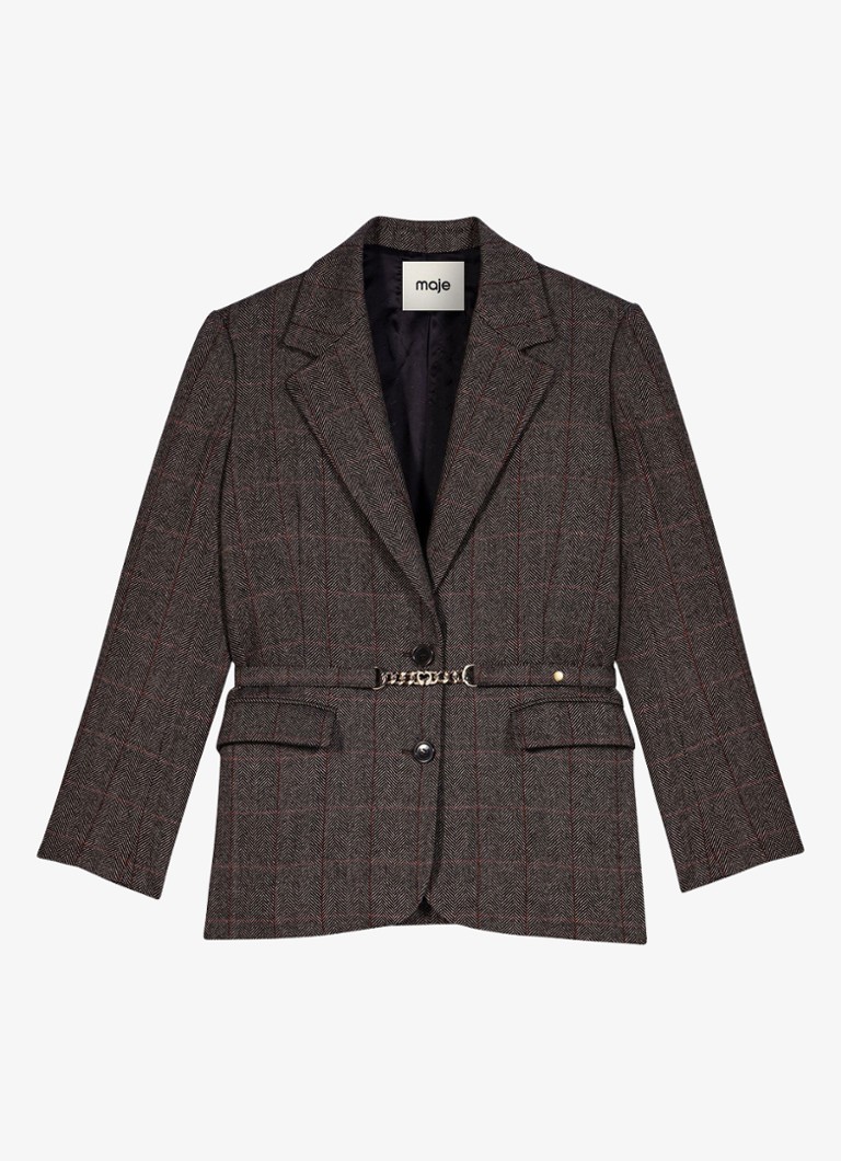 Maje Dames Blazer in wolblend met ruitdessin en afneembare riem in de kleur Bruin