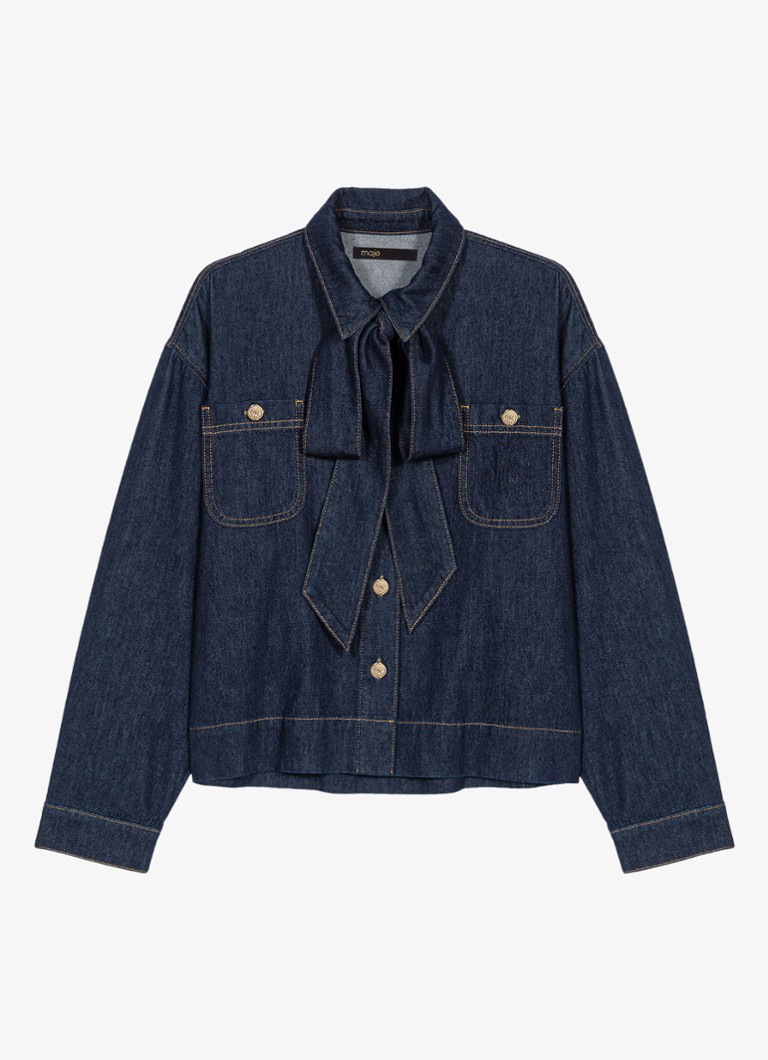 Maje Dames Blouse van denim met sjaalkraag en opgestikte zakken in de kleur Indigo