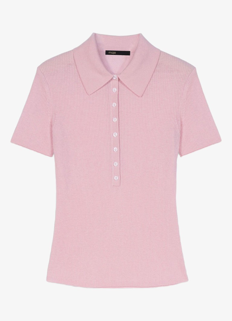 Maje Dames Ribgebreide polo in wolblend in de kleur Roze