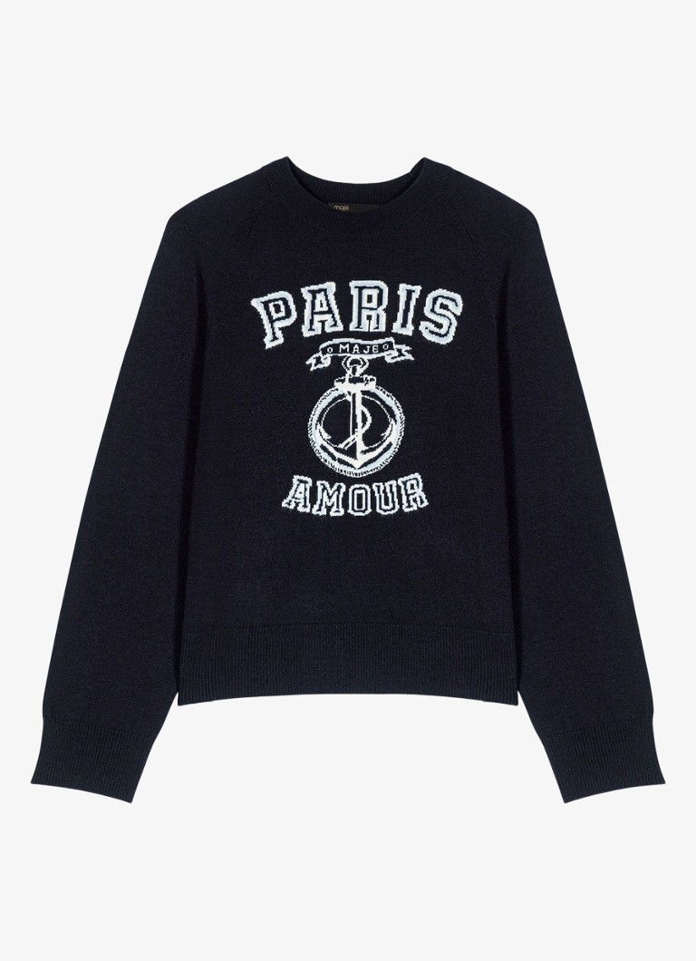 Maje Dames Sweater in wolblend met print in de kleur Donkerblauw