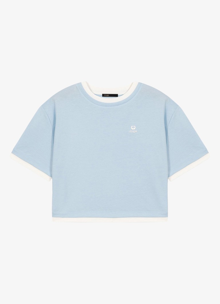Maje Dames Cropped T-shirt met logoborduring in de kleur Lichtblauw