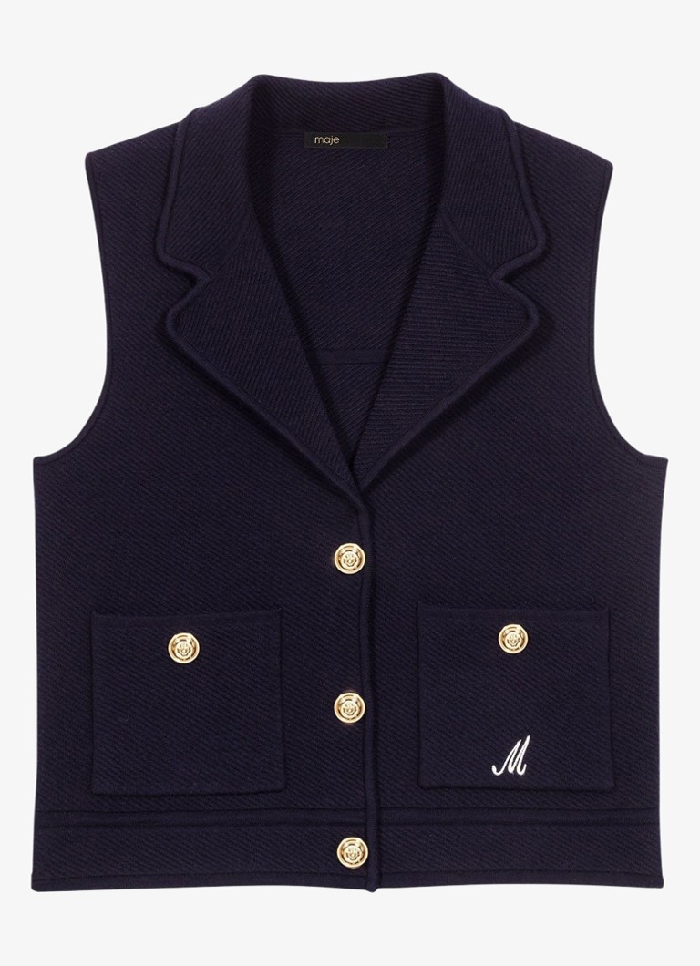 Maje Dames Fijngebreid gilet in wolblend met kraag in de kleur Donkerblauw