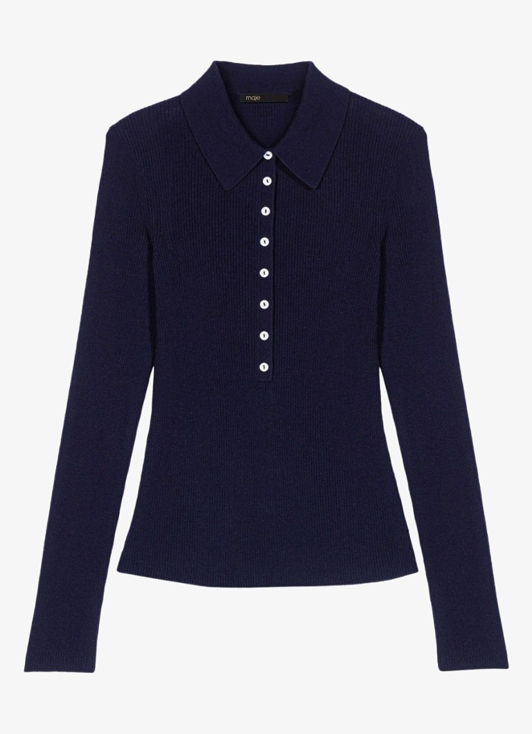 Maje Dames Ribgebreide polo in wolblend in de kleur Donkerblauw