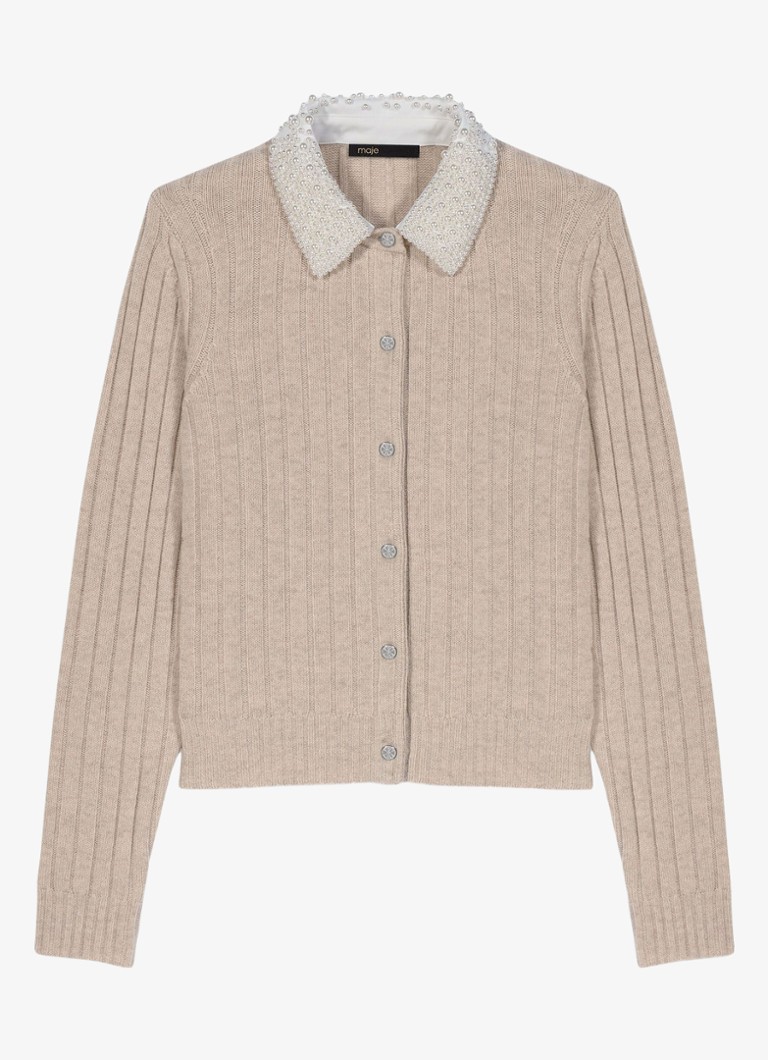 Maje Dames Ribgebreid vest in wolblend met afneembare kraag in de kleur Beige