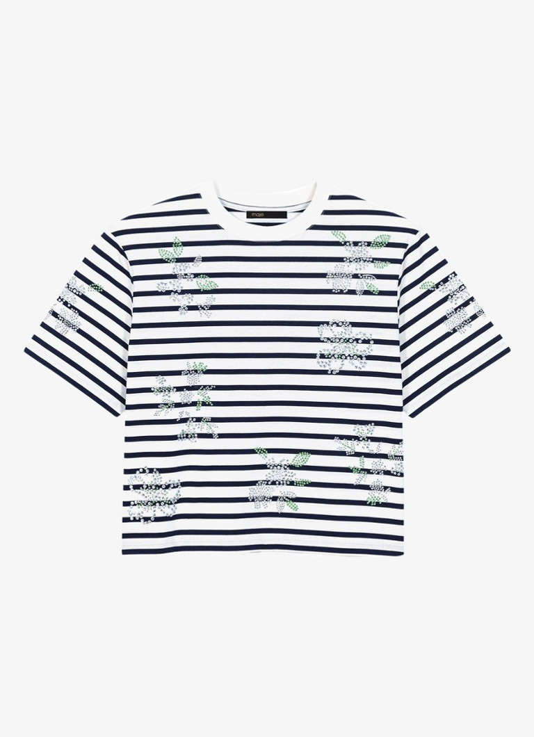 Maje Dames Cropped T-shirt met streepprint en strass in de kleur Wit