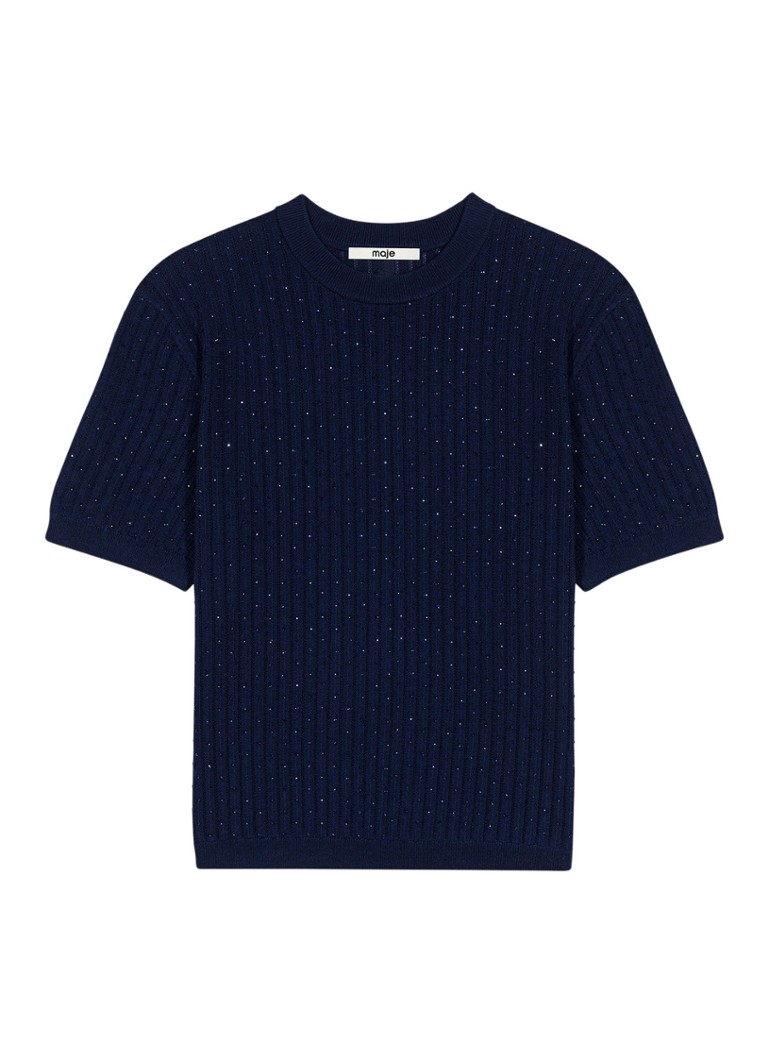 Maje Dames Ribgebreide pullover in wolblend met strass in de kleur Donkerblauw