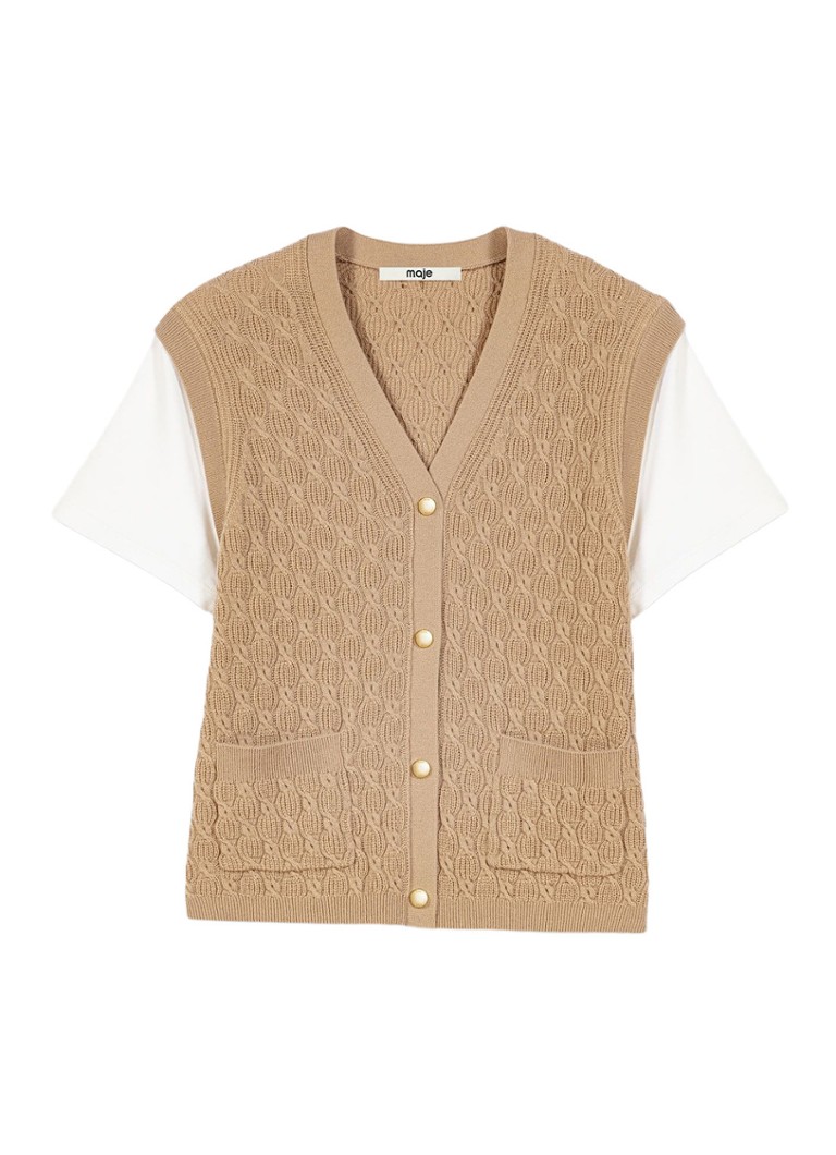 Maje Dames Kabelgebreid gilet in kasjmierblend met opgestikte zakken in de kleur Beige