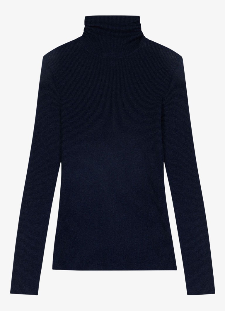 Maje Dames Ribgebreide trui met col in de kleur Donkerblauw