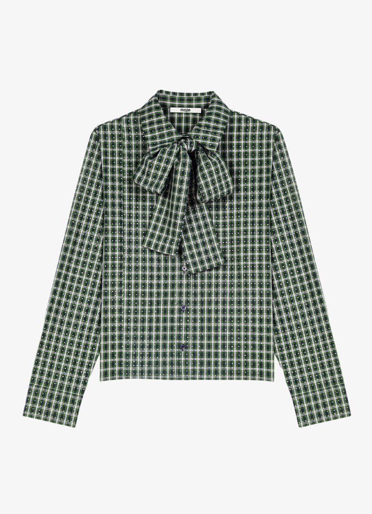 Maje Dames Blouse met sjaalkraag en ruitdessin in de kleur Groen