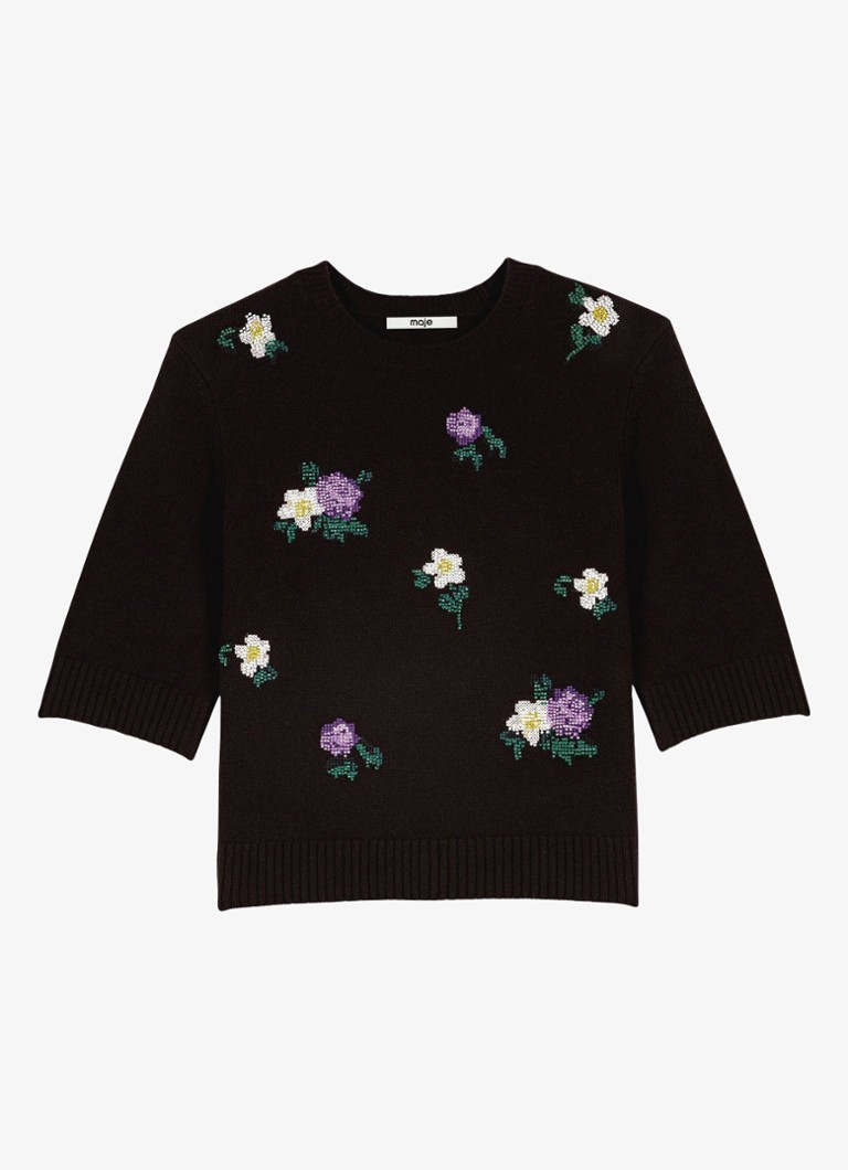 Maje Dames Fijngebreide pullover van wol met bloemborduring in de kleur Bruin