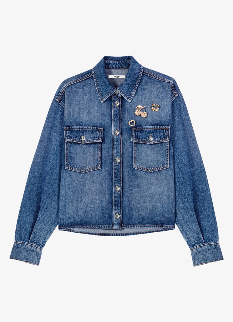 Maje Dames Denim overshirt met sierlijke pins in de kleur Donkerblauw