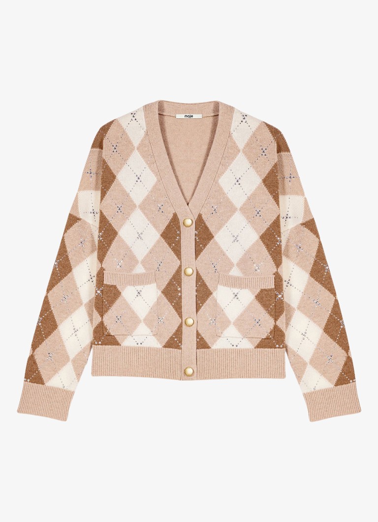 Maje Dames Fijngebreid vest van wol met ruitdessin en strass in de kleur Beige