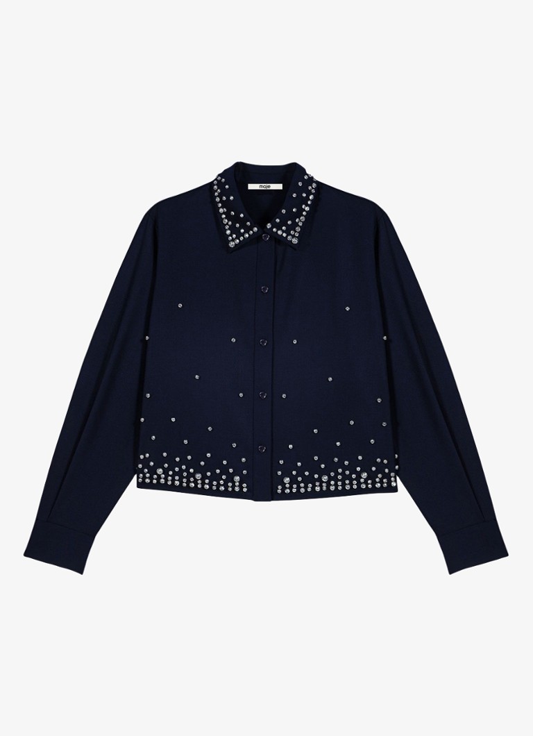 Maje Dames Cropped blouse in wolblend met strass in de kleur Donkerblauw