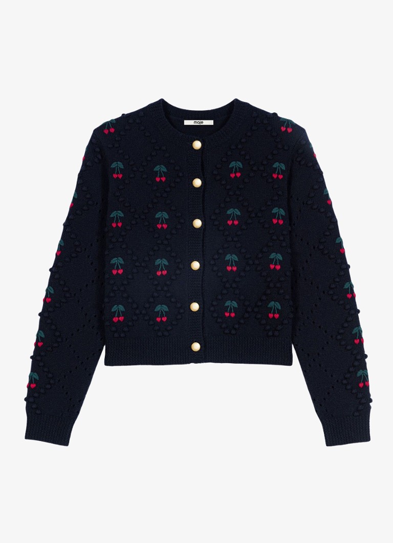 Maje Dames Fijngebreid vest van wol met borduring in de kleur Donkerblauw