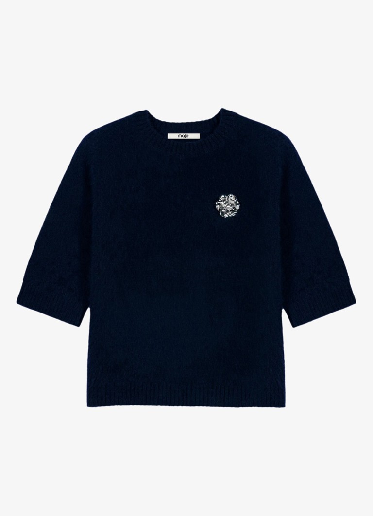 Maje Dames Fijngebreide trui van wol met broche in de kleur Donkerblauw