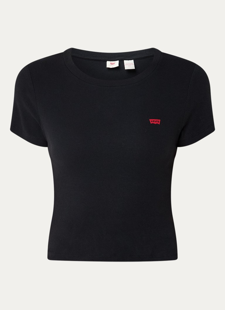 Levi's Dames Cropped T-shirt met ribstructuur en logo in de kleur Zwart