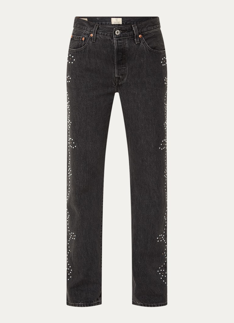 Levi's Dames 501 mid waist tapered jeans met studs en steekzakken in de kleur Zwart