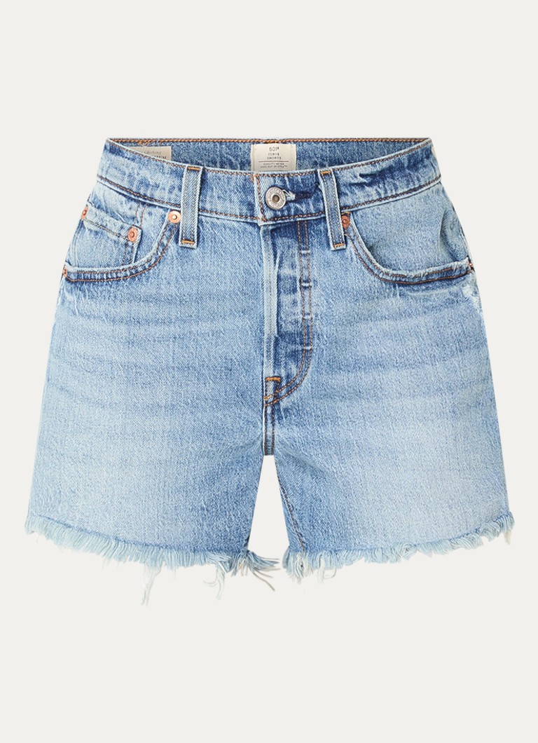 Levi's Dames 501 Curve mid waist straight fit korte broek van denim met destroyed afwerking in de kleur Indigo