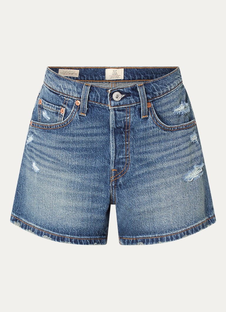 Levi's Dames 501 Curve mid waist straight fit korte broek van denim met destroyed afwerking in de kleur Indigo