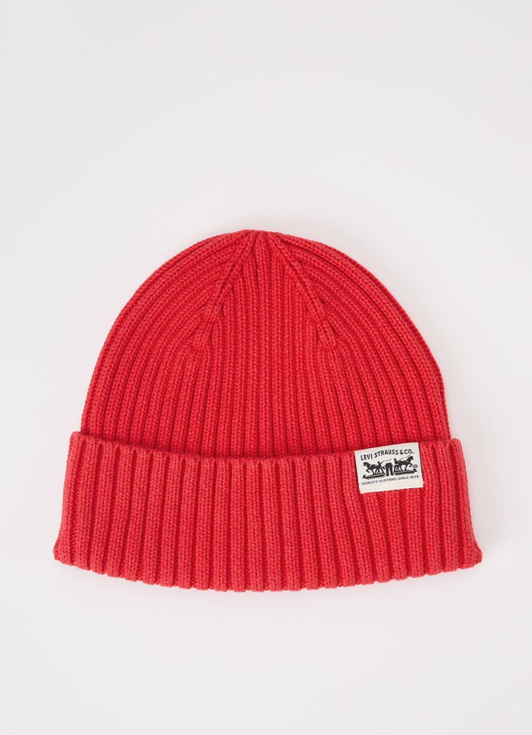 Levi's Dames Ribgebreide muts met logo in de kleur Rood