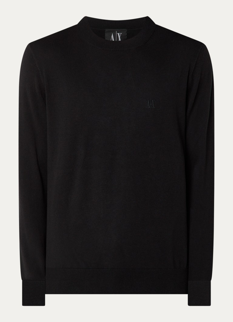 Armani Heren Fijngebreide pullover in zijdeblend met logoborduring in de kleur Zwart