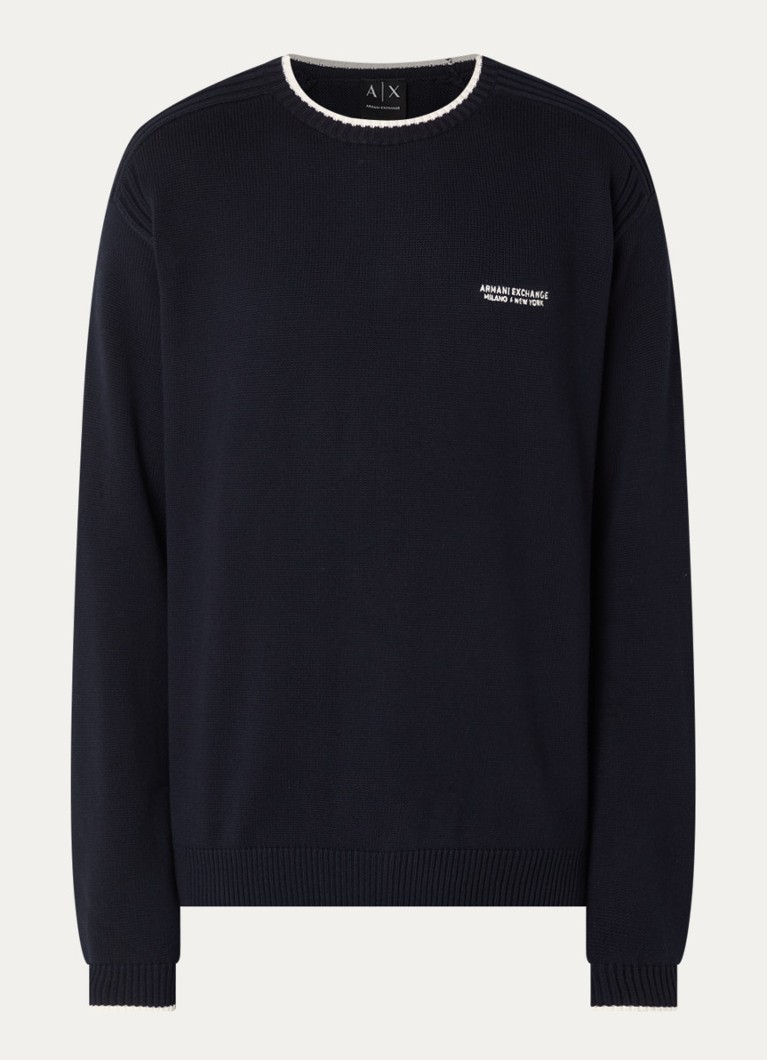 Armani Heren Fijngebreide trui met logo in de kleur Donkerblauw