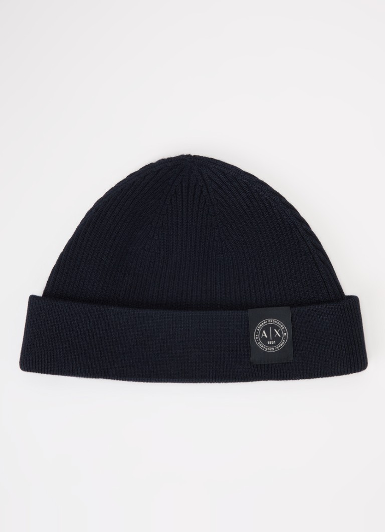 Armani Heren Ribgebreide muts in wolblend met logo in de kleur Donkerblauw