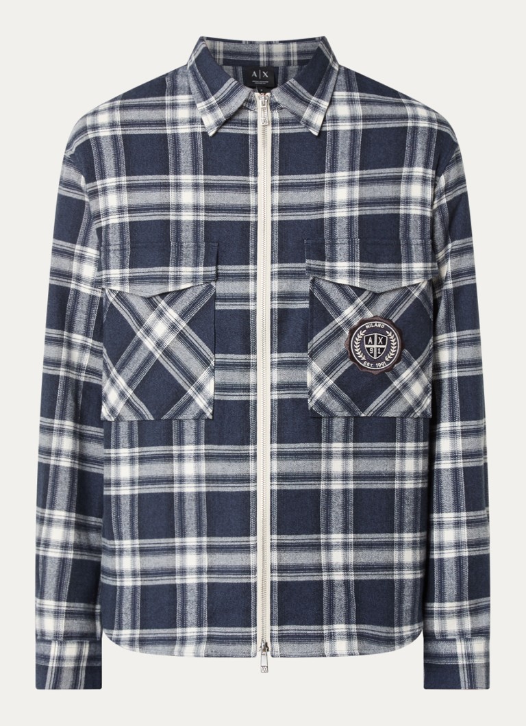 Armani Heren Overshirt met logo en ruitdessin in de kleur Indigo