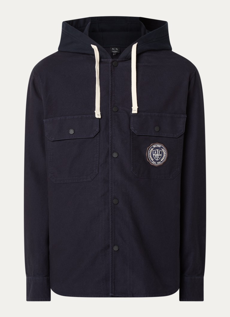 Armani Heren Overshirt met logo en capuchon in de kleur Donkerblauw
