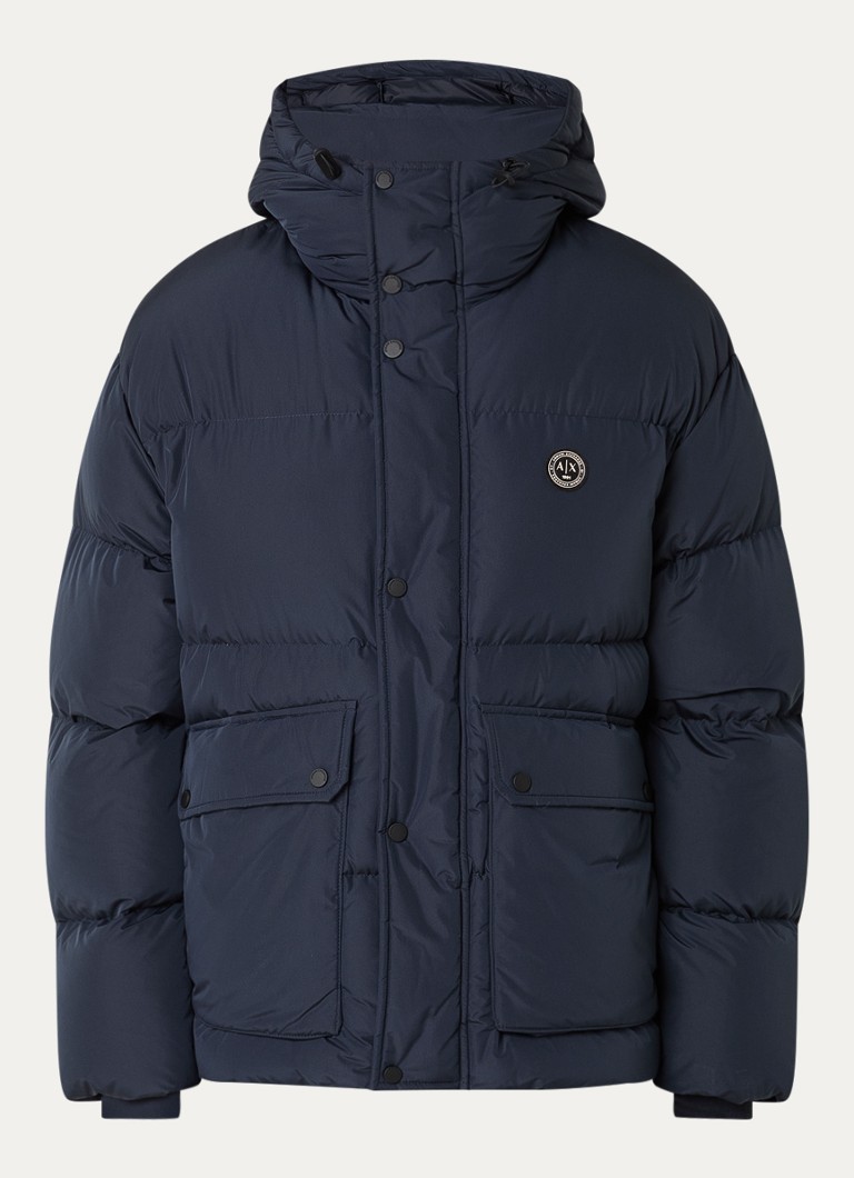 Armani Heren Puffer jack met capuchon en donsvulling in de kleur Donkerblauw