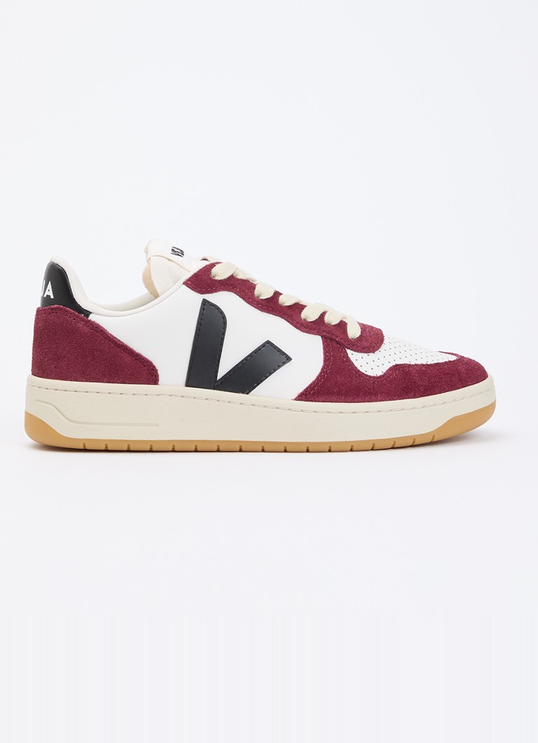 Veja Dames V-10 sneaker van leer met suède details in de kleur Bordeauxrood, maat: 38