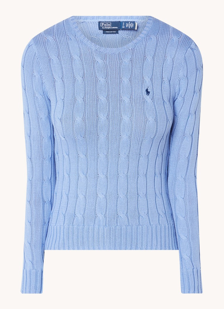 Ralph Lauren Dames Kabelgebreide pullover met logoborduring in de kleur Lichtblauw, maat: L