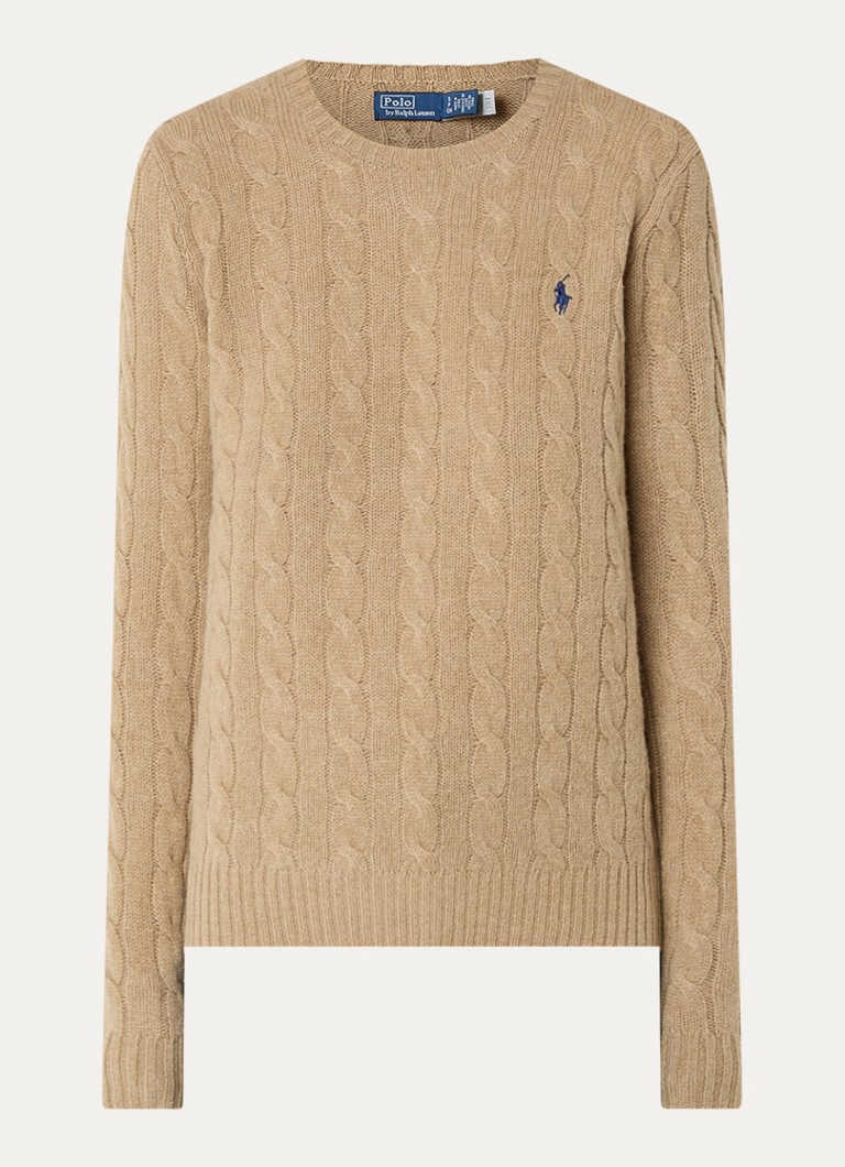 Ralph Lauren Dames Julianna kabelgebreide pullover in kasjmieblend met logoborduring in de kleur Camel, maat: M