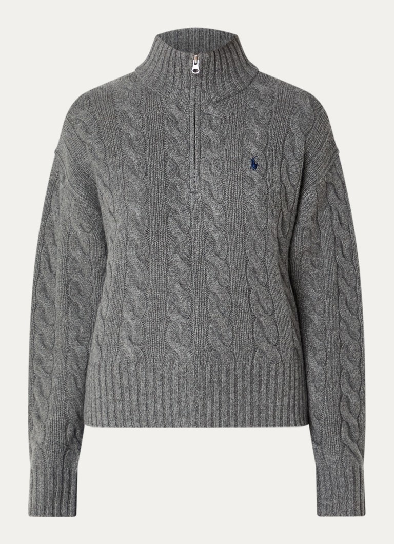 Ralph Lauren Dames Kabelgebreide trui in kasjmierblend met halve rits in de kleur Grijs, maat: S