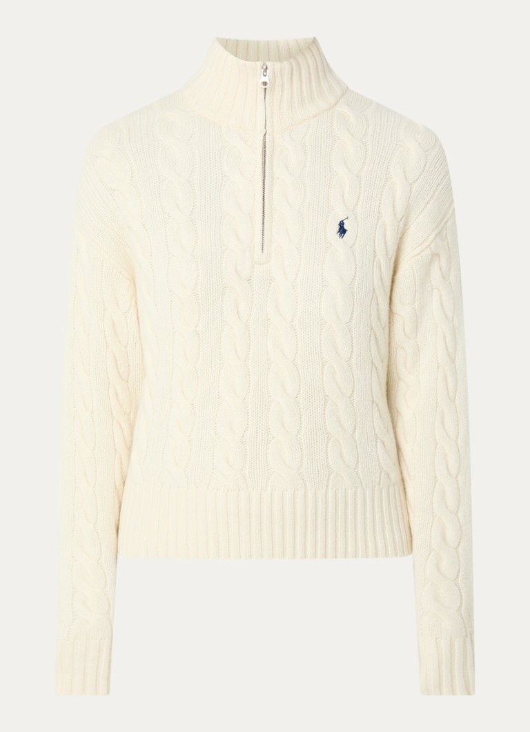 Ralph Lauren Dames Kabelgebreide trui in kasjmierblend met halve rits in de kleur Gebroken wit, maat: S