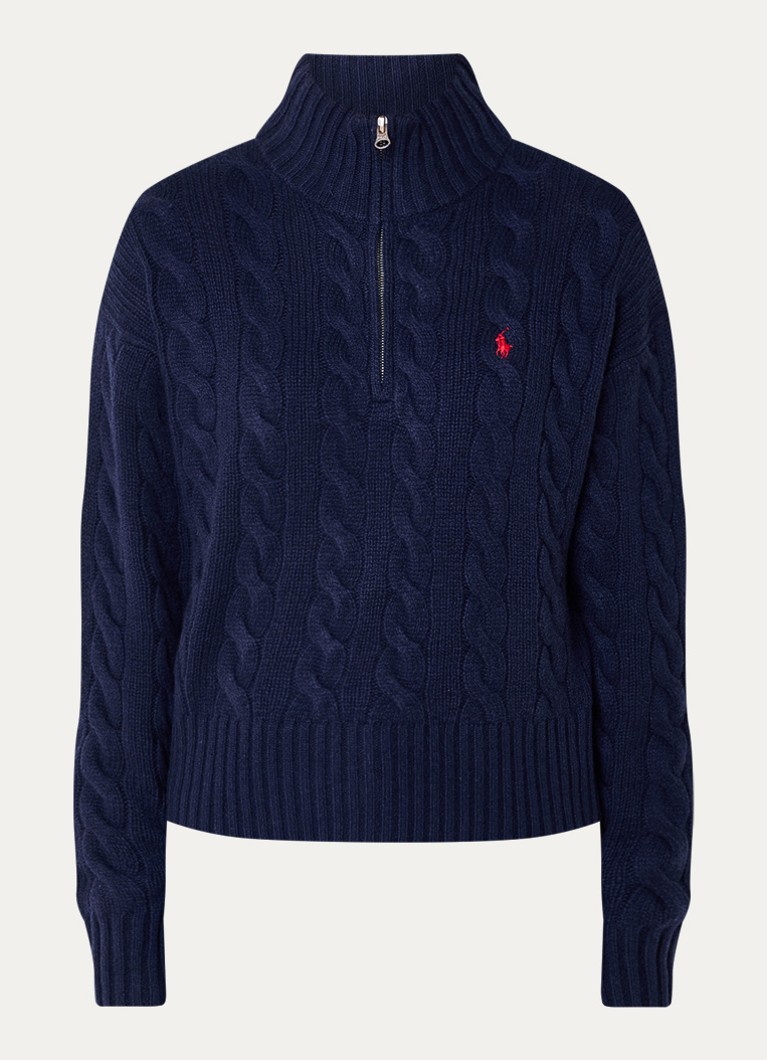 Ralph Lauren Dames Kabelgebreide trui in kasjmierblend met halve rits in de kleur Donkerblauw, maat: L