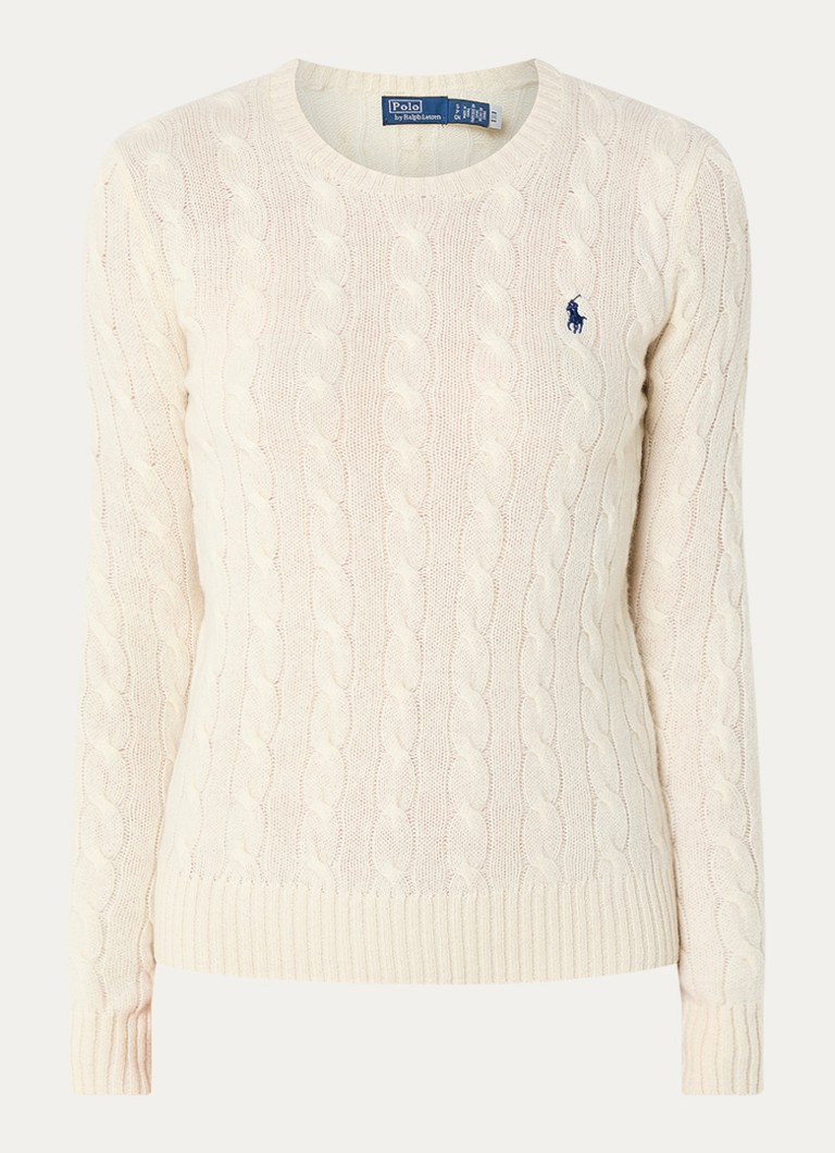 Ralph Lauren Dames Julianna kabelgebreide trui in kasjmierblend met logoborduring in de kleur Creme, maat: S
