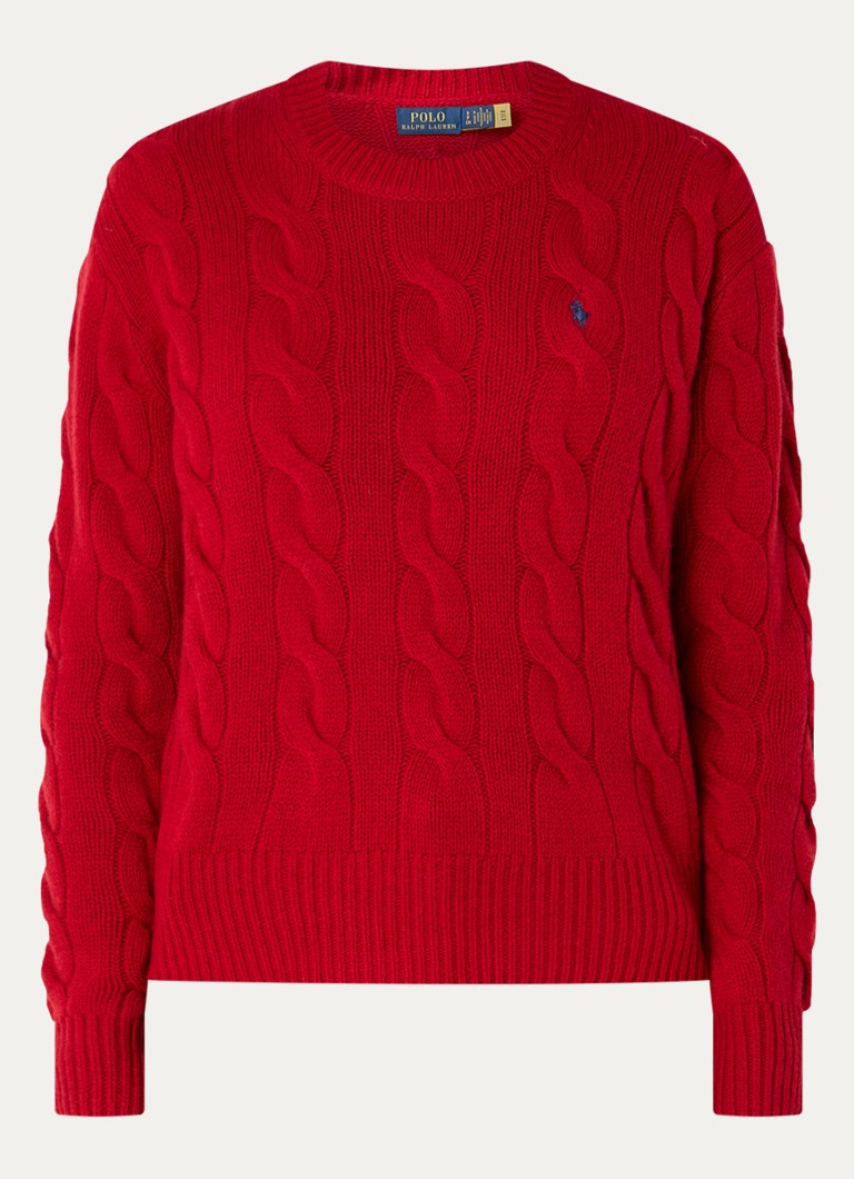 Ralph Lauren Dames Kabelgebreide pullover in kasjmierblend met logoborduring in de kleur Rood, maat: S