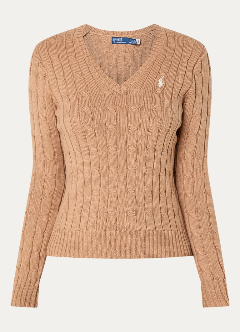 Ralph Lauren Dames Kabelgebreide trui met V-hals in de kleur Camel, maat: S