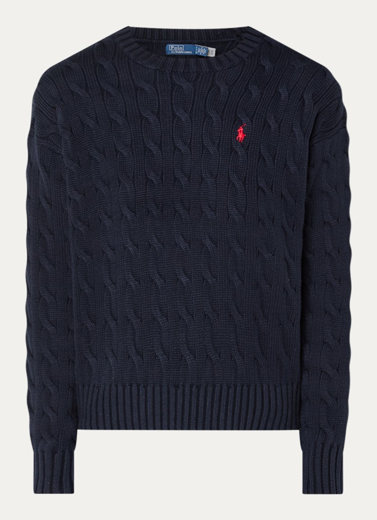 Ralph Lauren Dames Kabelgebreide trui met logoborduring in de kleur Donkerblauw, maat: M