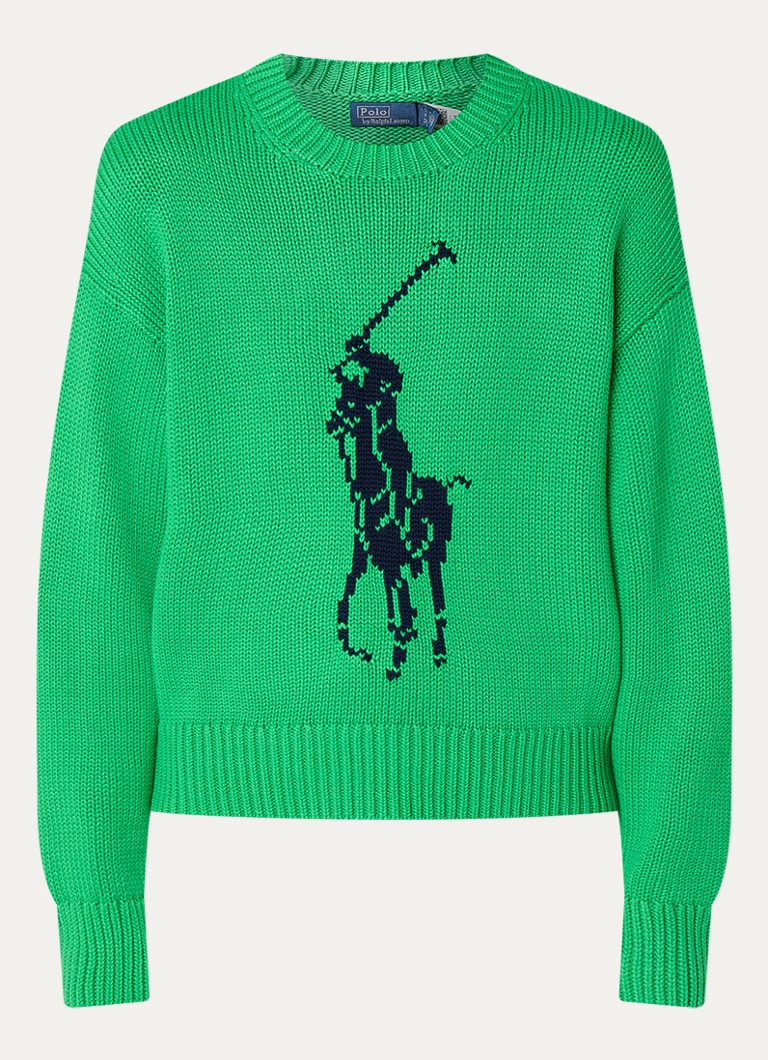Ralph Lauren Dames Grofgebreide trui met ingebreide logoprint in de kleur Groen, maat: M
