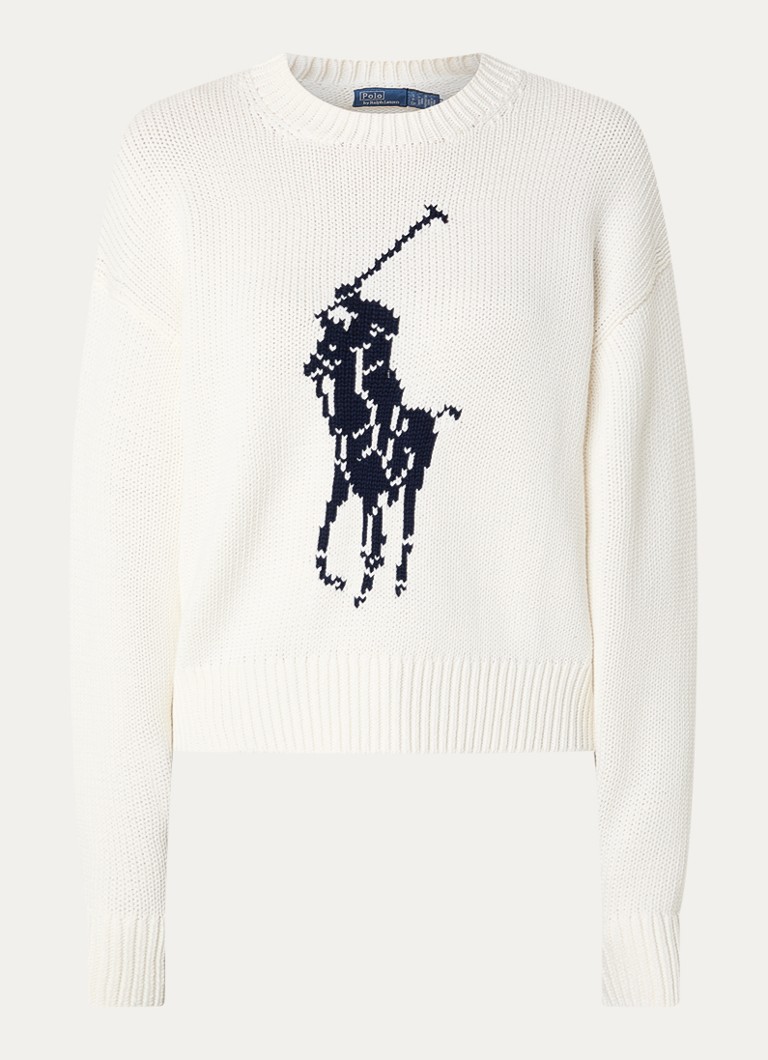 Ralph Lauren Dames Grofgebreide trui met ingebreide logoprint in de kleur Wit, maat: XS
