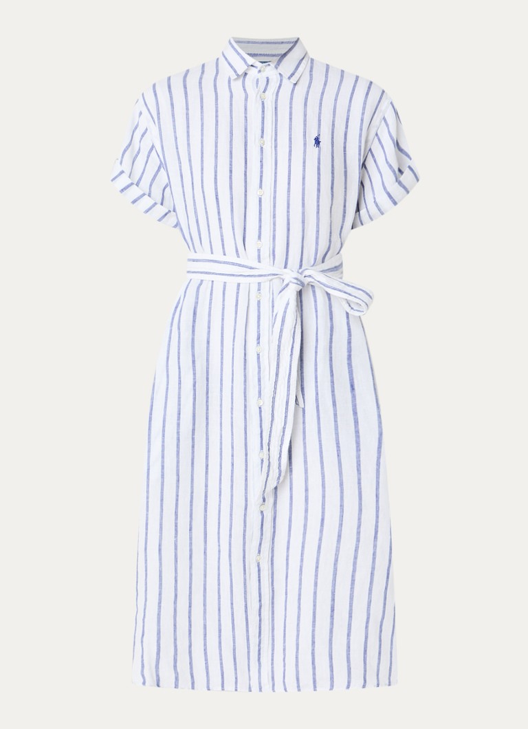 Ralph Lauren Dames Midi blousejurk van linnen met strikceintuur in de kleur Gebroken wit, maat: 36