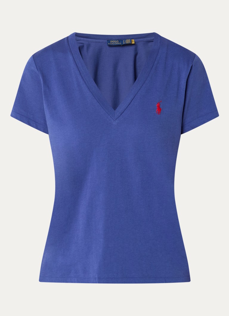 Ralph Lauren Dames T-shirt met logoborduring en V-hals in de kleur Kobaltblauw, maat: L